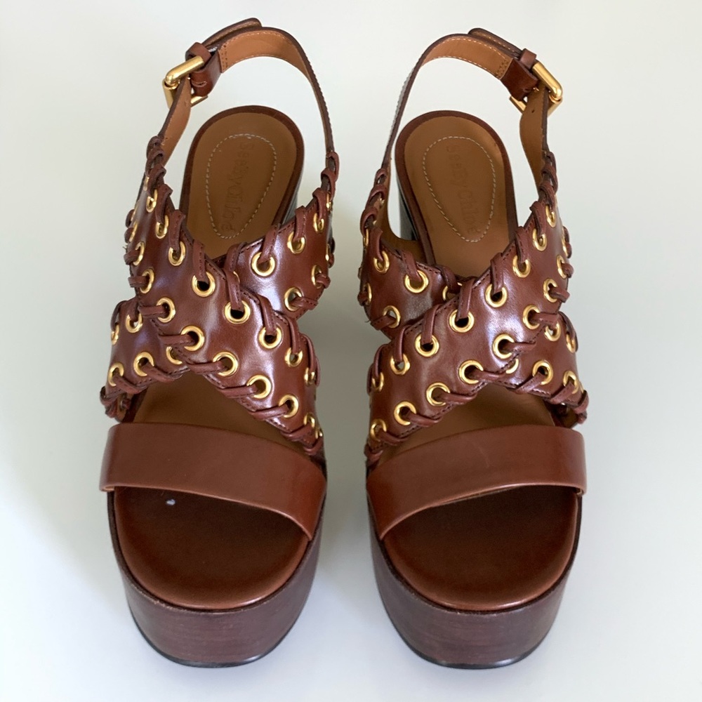 See By Chloe Brown Leather Platform Sandal with Gold Eyelet Details - Picture 3 of 7